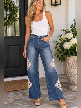 LIU JO Milano Blue Denim Wide-Leg Jeans with Lace Insets Size 26